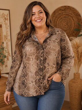 Lane Bryant Brown Tan Snake-Print Button Front Shirt in a Size 22/24